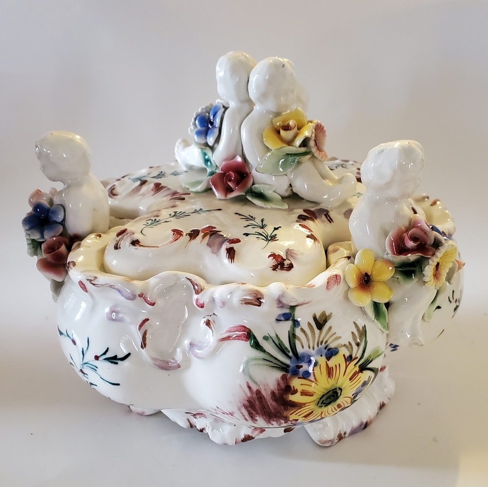 Vintage Capodimante Italian Porcelain Reticulated Trinket Box Candy Dish